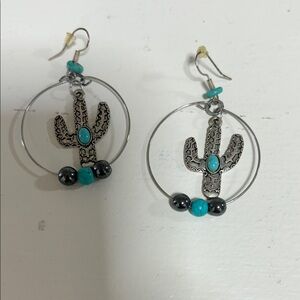 Silver and Turquoise Cactus Hoop Earrings